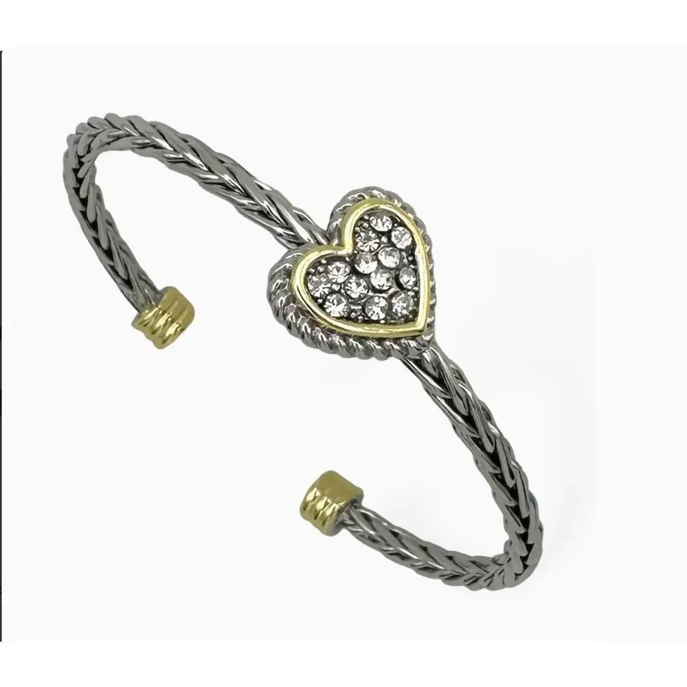 Two Tone Pave' Heart Accented Braided Metal Cuff Bracelet
